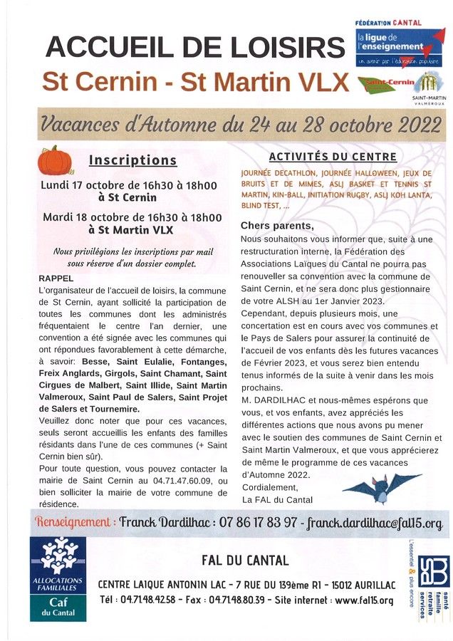 ACCUEIL DE LOISIRS AUTOMNE 2022 SAINT CERNIN CANTAL